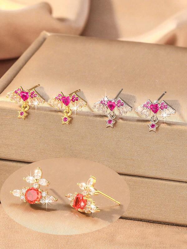 1 par de pendientes de mujer con diseño de alas y Saturno de cristal de circonita, delicados y únicos, adecuados para fiestas, cenas y eventos musicales