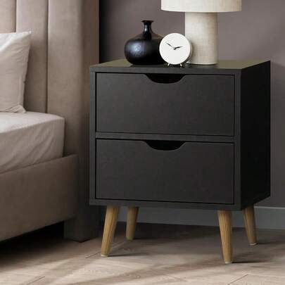 Bedside Table With 2 Drawers Wooden Side Table Nightstand Home Storage Furniture Black