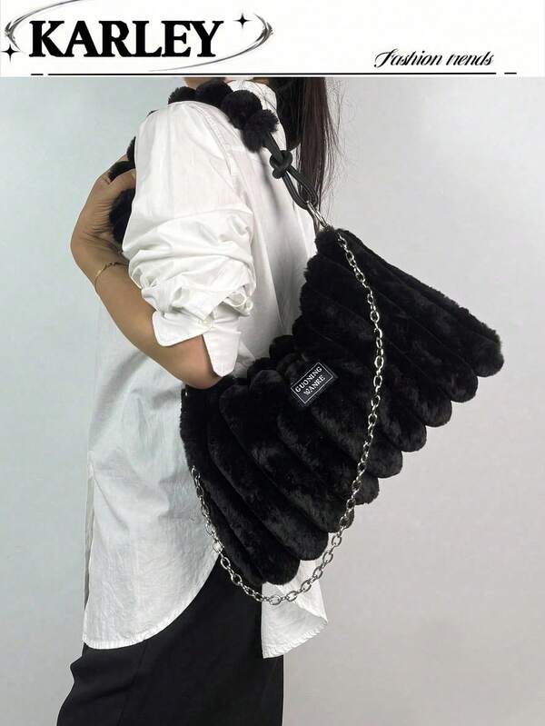 Autumn/Winter New Fuzzy Bag For Women, Niche Design Large Capacity Fluffy Bag, Y2K Style Furry Handbag, Shoulder/Underarm Bag With Chain, Suitable For Girls, Ladies, Students, Young Professionals, Office Workers, Commuting, School Outings