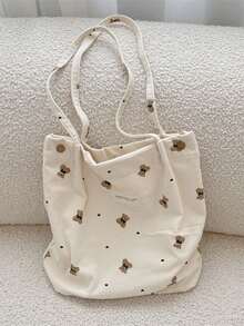 卡通熊印花灯芯绒大容量手提单肩包学生包腋下包