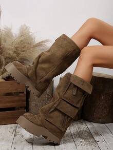 Autumn/Winter New Brown Fashion Boots, Versatile Thick Sole Vintage European Style Pocket Pleated Feeling Fashion Boots, Slimming, Fashionable, Elegant, Comfortable Women Boots - Khaki - View 8