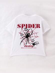 Áo thun cổ tròn in hình nhện hoạt hình, kiểu dáng thoải mái, mềm mại, thích hợp cho mùa hè. - trắng - Xem 2