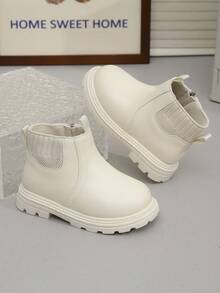 1 Pair Beige Plus Size Teenage Girls/Boys Chelsea Boots, Soft & Comfortable Elastic Fabric PU Material, Warm Lining Zipper Design, Round Toe Soft Sole, Simple British Style, Suitable For 3-15 Years Old Kids Indoor/Outdoor, School, Autumn/Winter