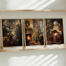Set de 3 piezas de arte de pared de lienzo navideño - Impresiones de reno, Papá Noel y árbol para decoración festiva del hogar - Perfecto para decoración del hogar, decoración de habitaciones, decoración de dormitorios, decoración de salas de estar, decoración de baños, decoración de paredes, decoraciones navideñas para el hogar, con opción de arte de pared con marco - Multicolor - Ver 4