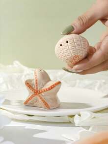 2pcs/Set Ceramic Starfish & Shell Salt And Pepper Shaker Set, Textured Glaze Finish, Gift Box Packaging - Apricot - View 3