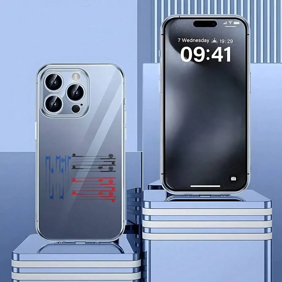 Carcasa transparente de teléfono móvil de moda Cubierta de teléfono transparente con diseño de notas musicales y texto en azul y rojo para iPhone 14 Pro Max adecuada para uso diario y eventos musicales - transparente - Ver 1