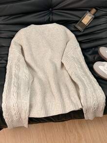 Vivid Style 女士圆领毛衣，扭结针织面料，纯色简约休闲风，运动通勤风，街头风，适合秋冬季节，情人节白色 - 白色 - 查看 4