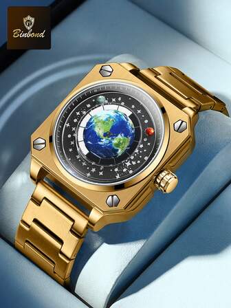 Binbond Fashion Blue Planet Creative Earth Quartz Watch Night Light Waterproof Leisure Sports Watch Steel Belt Men's Watch