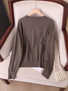 GIGOGOU Women's Solid Color Knit Basic Thin V-Neck Casual Sweater Top, Soft Long Sleeve, Suitable For Daily Home Wear, Spring And Autumn Green Autumn Top Fall - Coffee Brown - View 3
