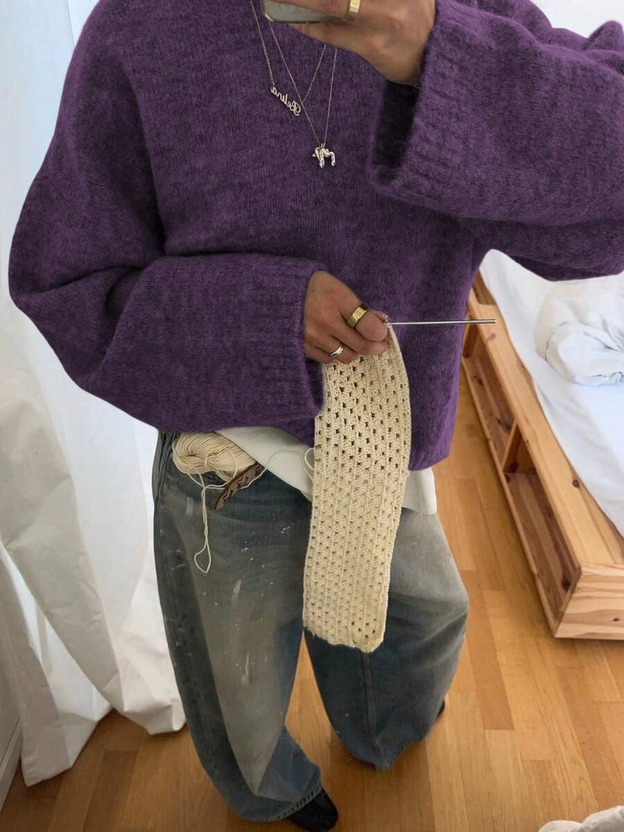 VIBEWAVE Heather Gray Vintage American Style Crew Neck Sweater, Cozy Knit Pullover For Autumn/Winter - Mauve Purple - View 1