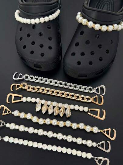 2pcs Multi-Style Hole Shoes Chain Set - Pearl, Rhinestone Chain & Shell Decor, Shoe Accessories