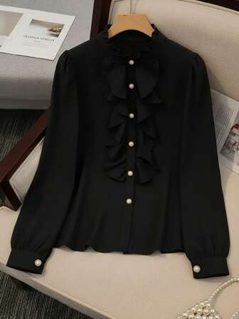 优雅女士黑色荷叶边衬衫，珍珠纽扣，长泡泡袖，立领，涤纶衬衫上衣
