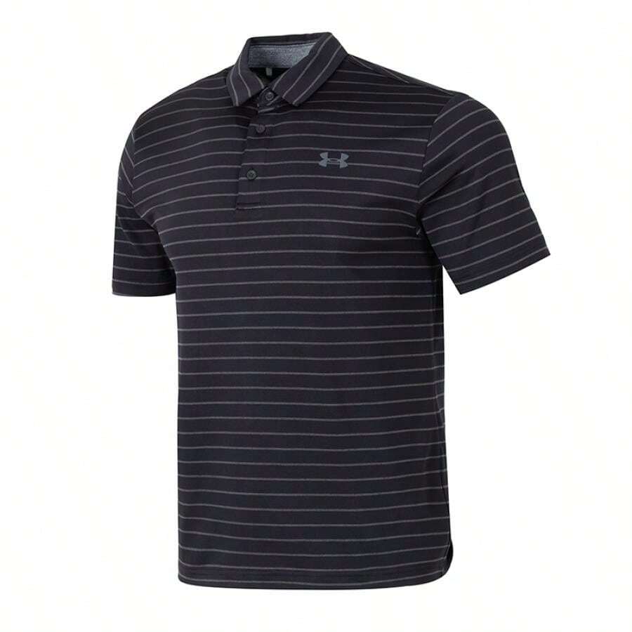 Under Armour Polo de manga corta con rayas de la gira de playoffs para hombres, negro, entrenamiento deportivo casual 1351130-001