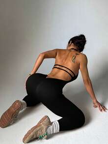 女式纯色露背运动连体裤 - 黑色 - 查看 2