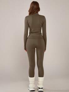 1 Set Women Elastic Zipper Casual Everyday Wear Stand Collar Design Waist Cinched Dance & Sports Outfit Spring - Brown - View 9