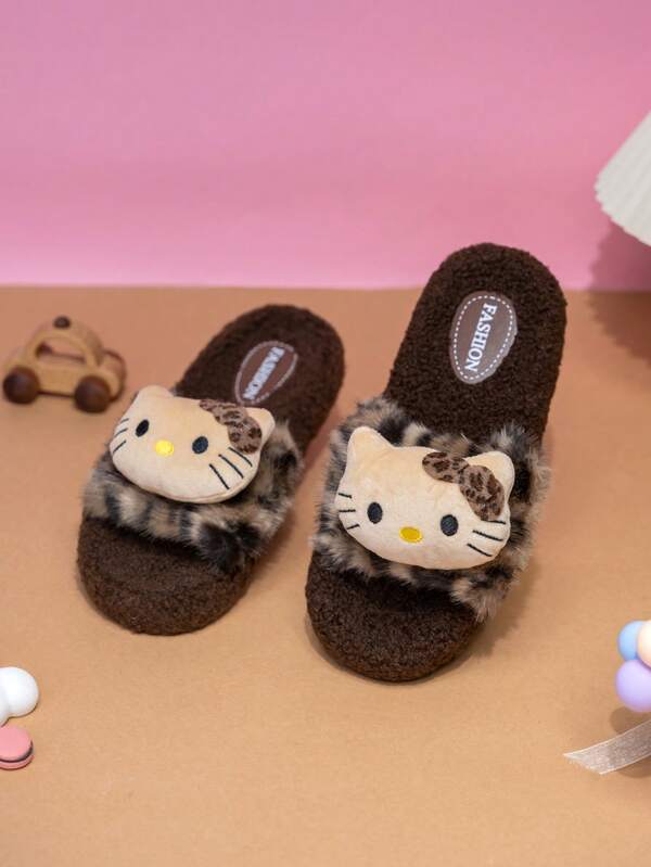 Sanrio Un par de nuevas pantuflas de peluche con estampado de leopardo de Sanrio Hello Kitty, adecuadas para otoño e invierno en el hogar, antideslizantes para el baño, pantuflas cálidas para el hogar, adecuadas para caminar y vestir en exteriores