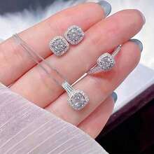 4pcs/Set Cuboid Shiny Zirconia Inlaid Stud Earrings & Pendant Necklace & Ring Elegant Luxury Style Delicate Female Gift - Bạc - Xem 10