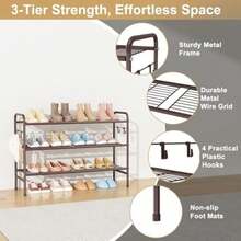 3 Tier Shoe Rack 33" Wide Metal Shoe Organizer Long Shoe Storage With 4 Side Hooks Sturdy Shoes Shelf For Front Door Entrance, Closet, Garage, Dorm,(Brown) - Type1 - 查看 5