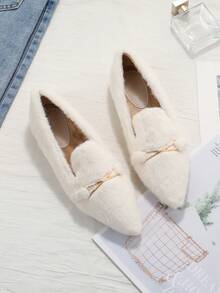 Women's Winter Warm Flat Shoes, Cute Soft Plush Pointed Toe Versatile Fashion Outdoor Flat Shoes, Flat Heel Driving Shoes, White Furry Comfortable Flat Shoes, Slip-On Casual Flats - White - View 2