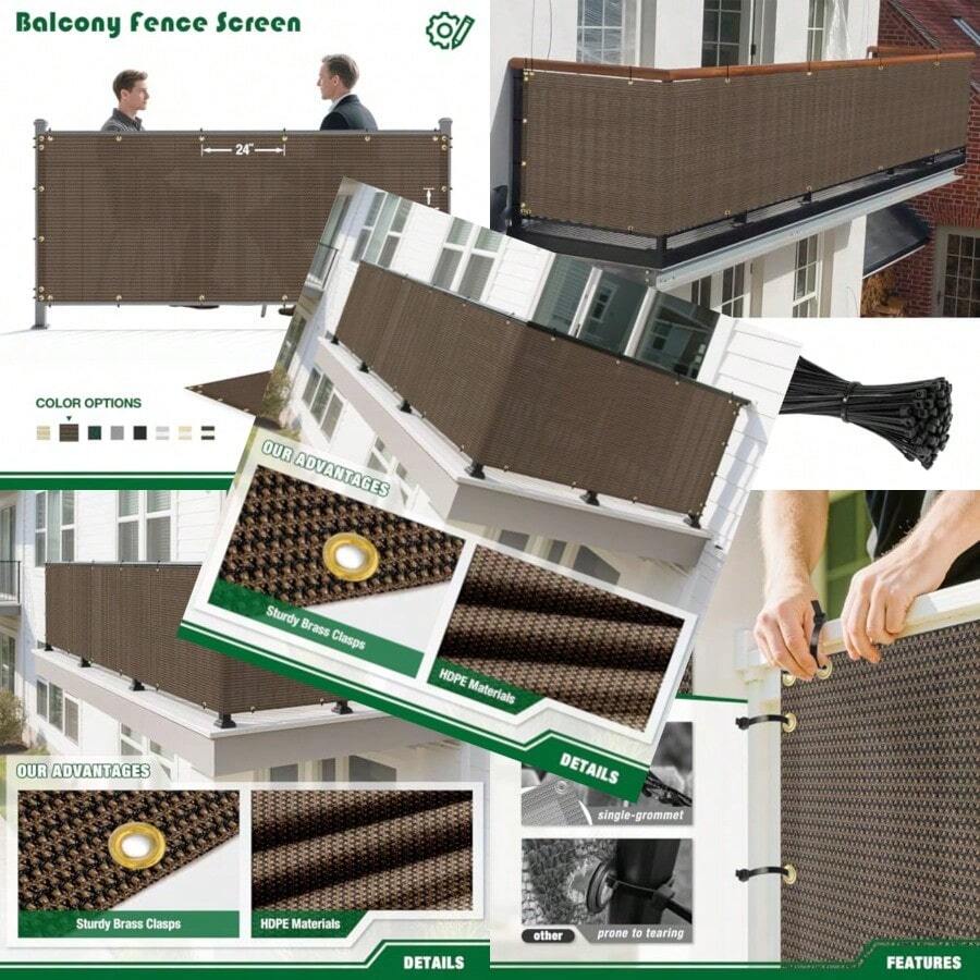 3'x12' Brown Balcony Privacy Screen Fence Outdoor Patio Mesh Shade Net Cover UV Protection Shade Cloth Temporary Fencing For Apartment Railing Porch Deck - màu nâu - Xem 1