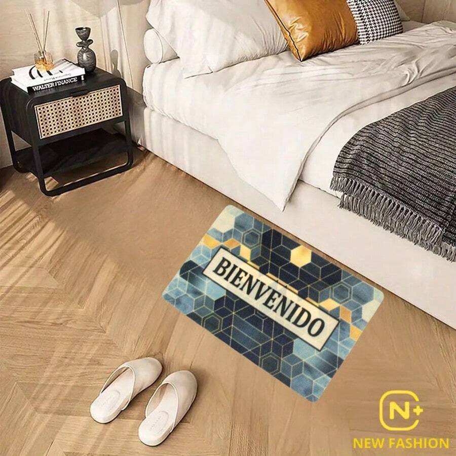 Tapete rectangular con diseño geométrico multicolor, Tapete decorativo con patrón de triángulos en tonos vivos como amarillo, verde, morado y turquesa sobre fondo oscuro. En el centro presenta una franja con texto que aporta un toque acogedor. Sus dimensiones son 67.5 cm de largo por 47.5 cm de ancho, ideal para colocar en entradas o pasillos. Fabricado en fibra sintética con base antideslizante, combina estilo moderno, resistencia y fácil mantenimiento. - MULTICOLOR RF-91 - Ver 1
