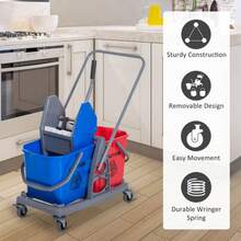 عربة تنظيف HOMCOM مع 2 دلو و 4 عجلات، معدن/PP، أزرق/أحمر، 73x45x92 سم للتنظيف الفعال - الأزرق - مشاهدة 4
