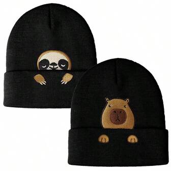 1pc Cute Animal Acrylic Embroidered Knit Hat, Autumn/Winter Winter Gear Men's Winter Clothing
