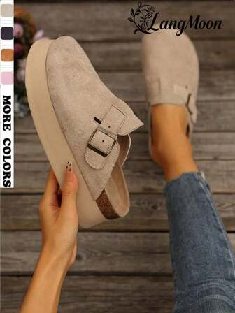 2025 Autumn/Winter New Arrival Beige Super Light Thick Flat Soft Bottom Soft Sole Beach Outdoor Home Increase Height Women's Sandals, Fashion Buckle Closed Toe Style Wooden Clogs Women Summer Casual Mules Thick Sole Lightweight Comfortable Vacation