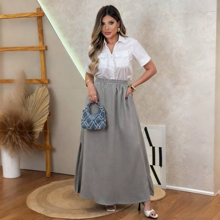 Women's Elegant Long Skirt With Pockets And Slits (One Size) - 灰色 - 查看 1