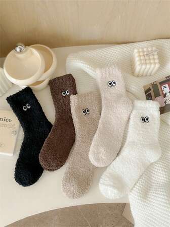 5 Pairs Women Coral Fleece Socks, Cozy Minimalist Home Sleepwear Mid-Calf Socks