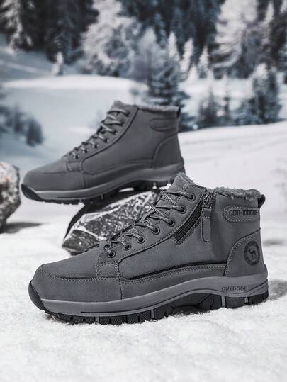 男士雪地靴，秋冬新款高帮加厚保暖绒面男士户外雪地靴。PU材质，男靴，户外徒步鞋，舒适休闲鞋，登山靴，户外运动攀岩鞋，狩猎靴，徒步靴，户外减震越野靴，攀岩鞋，户外探险露营鞋，保暖加厚防滑耐用黑色登山靴