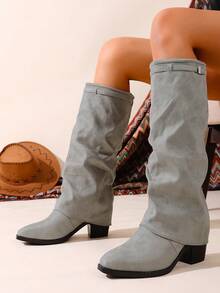 2025 Women's Pointed Toe Thick Heel Non-Slip Solid Color Fashion Slip-On Over-The-Knee Boots, Autumn/Winter