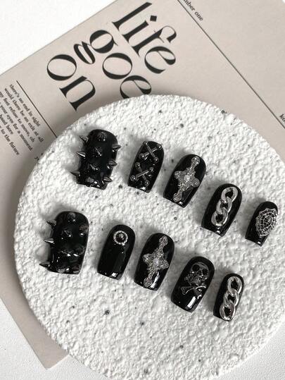 Uñas postizas con diseño de telaraña gótica, estilo punk oscuro, anime, remaches y metal, para chicas góticas de estilo europeo y americano en fiestas
