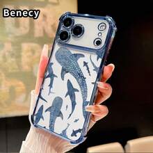 Whale Shark Wonders Pattern Four Corner Anti-Fall Phone Case Transparent Electroplated Protective Cover For IPhone 17 16 Pro Max 15 Plus 14 13 12 11 Air E - Blue - View 2