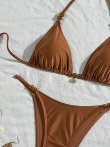 1 Set Women's Two Pieces Bikini Swimsuit, Halter Neck Tie, Beaded Shell Backless, Fashionable Casual Resort Swimwear - Orange - View 3