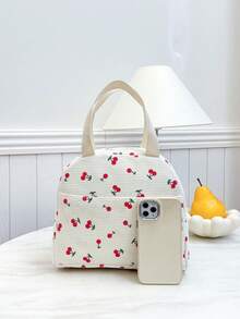 Portable Insulated Lunch Bag; Thickened Cute Lunch Fruit Bag For Students; Pink Asymmetrical Bow Heart Print - Beige - View 10