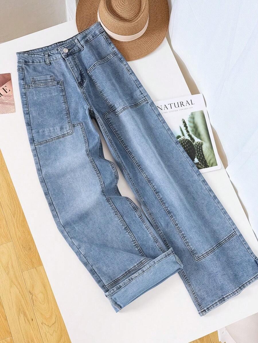 HIMARRI Jeans casuales de pierna ancha para mujer, diseño de cintura escalonada y largo, tela muy elástica para mayor comodidad y estilo. - Azul - Ver 1