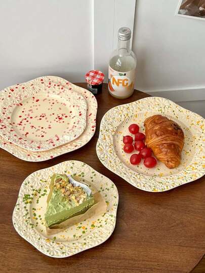 1 pieza Plato con borde punteado estilo nórdico, vajilla con patrón de flores de margarita de colores esmaltados, plato de postre floral, adecuado para el hogar, restaurante, cafetería, postre, regalo, reunión, fiesta