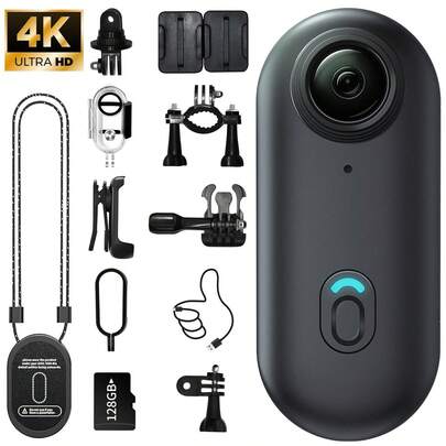 Cámara de acción 4K, mini cámara, cámara portátil del tamaño de un pulgar, tarjeta Full HD de 128GB, grabación sin manos, videocámara portátil de alta gama, montable en cualquier posición, adecuada para ciclismo, esquí, deportes extremos al aire libre, trabajo, viajes, pasear perros (negro)