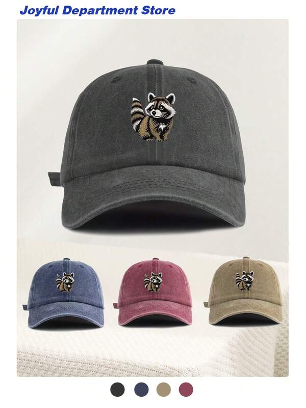 1pc Washed Baseball Cap "Raccoon" Classic Casual Adjustable Vintage Soft Top Baseball Hat, Sun Protection, Suitable For All Seasons, Fashion Minimalist Casual Versatile Unisex Essential