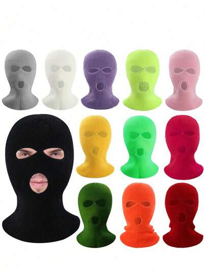 1pc 3 Hole Winter Knitted Mask, Outdoor Sports Full Face Cover Ski Mask Warm Knit Balaclava For Adult