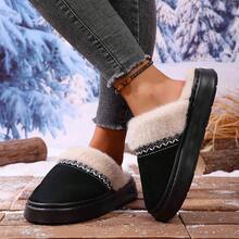 Pantuflas planas de ocio cómodas con forro de felpa suave, unicolor con ribete de encaje, forradas térmicamente, adecuadas para otoño e invierno