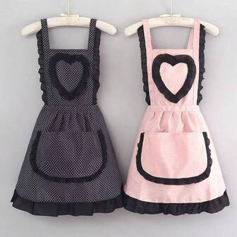 1件可爱蕾丝爱心公主帆布围裙，耐用家用厨房腰围围裙，防污工作服