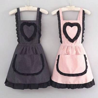 1件可爱蕾丝爱心公主帆布围裙，耐用家用厨房腰围围裙，防污工作服