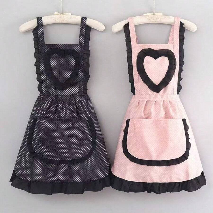 1件可爱蕾丝爱心公主帆布围裙，耐用家用厨房腰围围裙，防污工作服