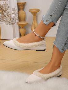 女士优雅纯色平底鞋，饰有毛边，黑色细纹面料，绒面内衬，适合冬季室内/室外穿着，尺码 35-45 - 米色 - 查看 3