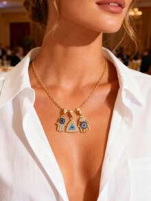 1/3 吊坠不锈钢项链，复古欧美风格简约优雅四叶草、邪眼、心形、绿松石吊坠项链，适合日常佩戴及圣诞节/情人节礼物 - 金色 - 查看 10