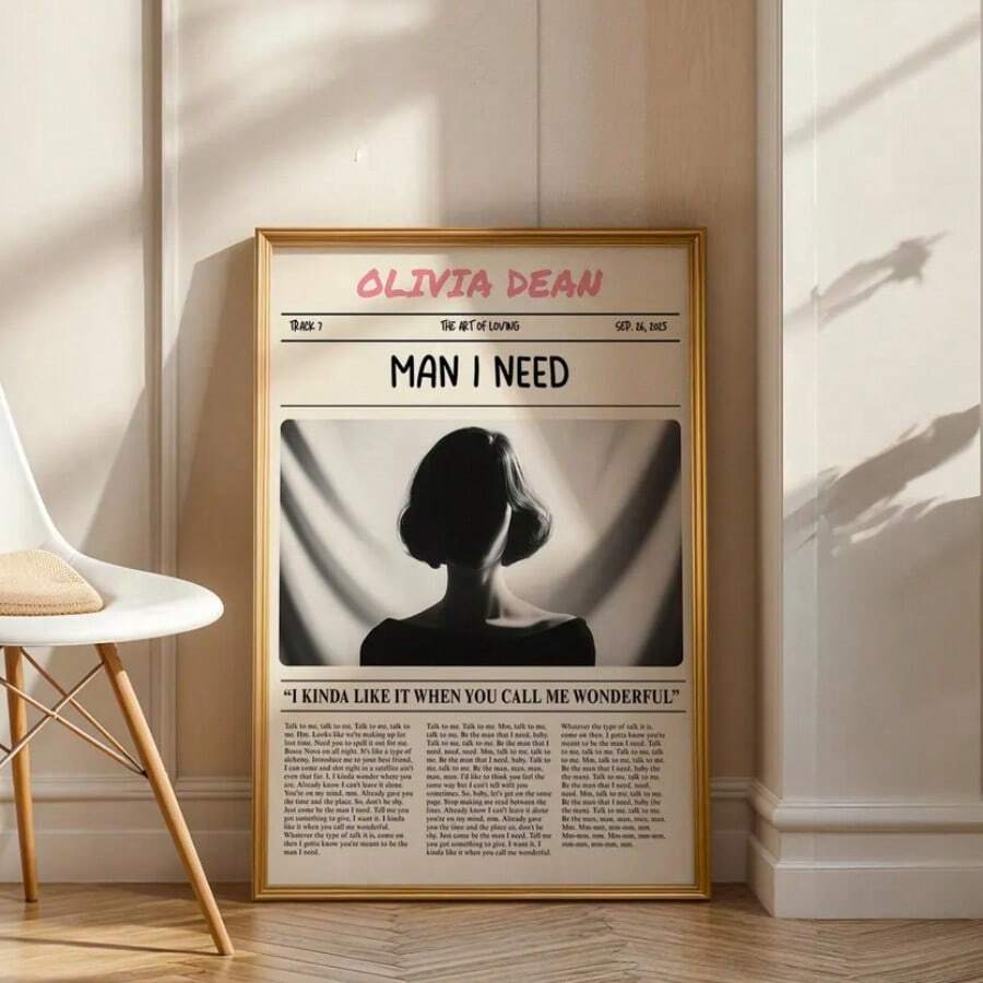 1 件 Olivia Dean 帆布海报：《我需要的人》，歌词海报，报纸风格音乐海报，流行音乐装饰墙画，无框 - 彩色 - 查看 1