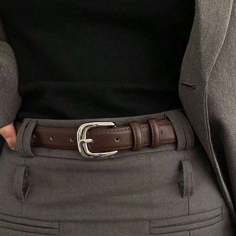 A Simple Yet Elegant Shiny Silver Buckle Leather Belt Suitable For Students And Young People For Decoration, Korean Style For Autumn, Autumn, Halloween, Suitable For Gifting To Best Friends, Friends, Elders, Colleagues, Partners, Suitable For Dance Parties, Gatherings, Social Events, Can Be Used As Birthday Gifts, Christmas Gifts, Halloween Gifts, Easter Gifts, New Year Gifts, Valentine's Day Gifts, Back-To-School Gifts, Graduation Gifts, Party Gifts - màu nâu - Xem 1