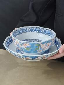 鲜艳蓝色花卉瓷碗套装 - 手绘亚洲艺术风格，多种尺寸陶瓷餐具，可用于盛放食物和家居装饰，是异域风情爱好者的理想礼物 - 彩色 - 查看 9